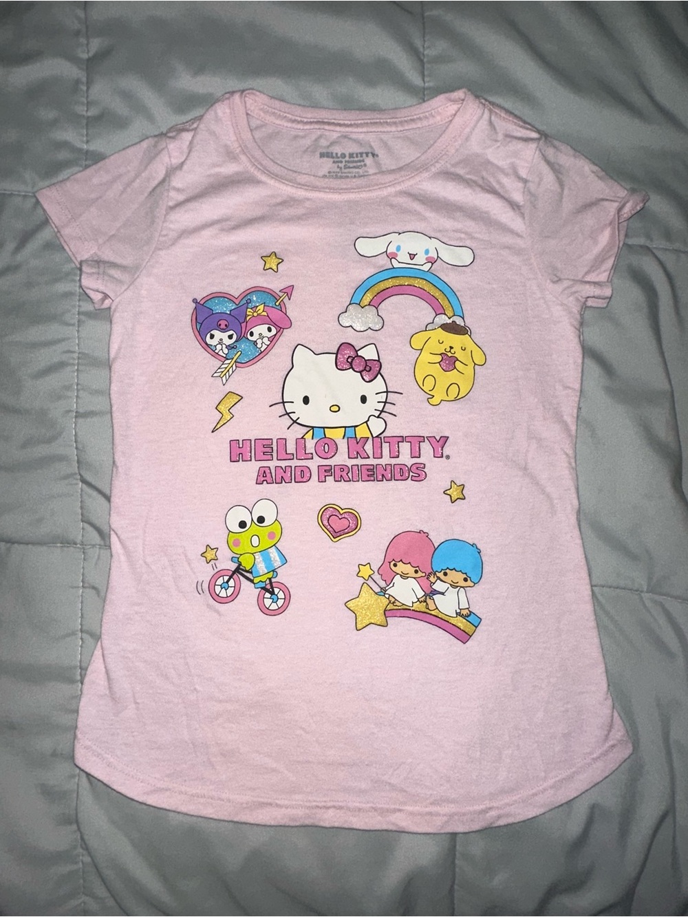 Hello Kitty Pink Short Sleeve Kids Tee with Rainbow Character Print